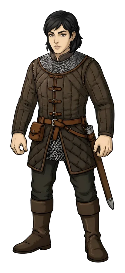 A Resolute champion in quilted armor and chainmail, sword at her side